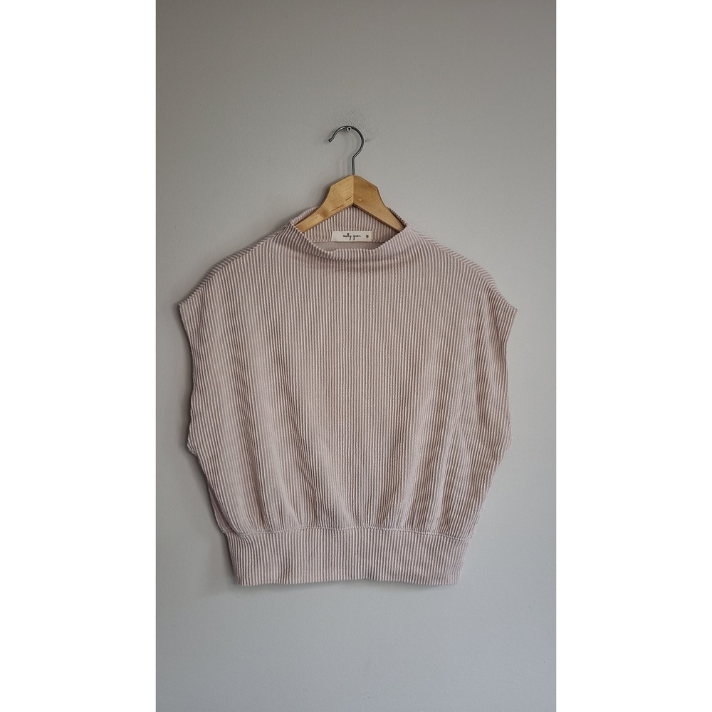 Molly Green Ribbed Mock Neck Sleeveless Top Beige Knit Blouse Medium So Soft